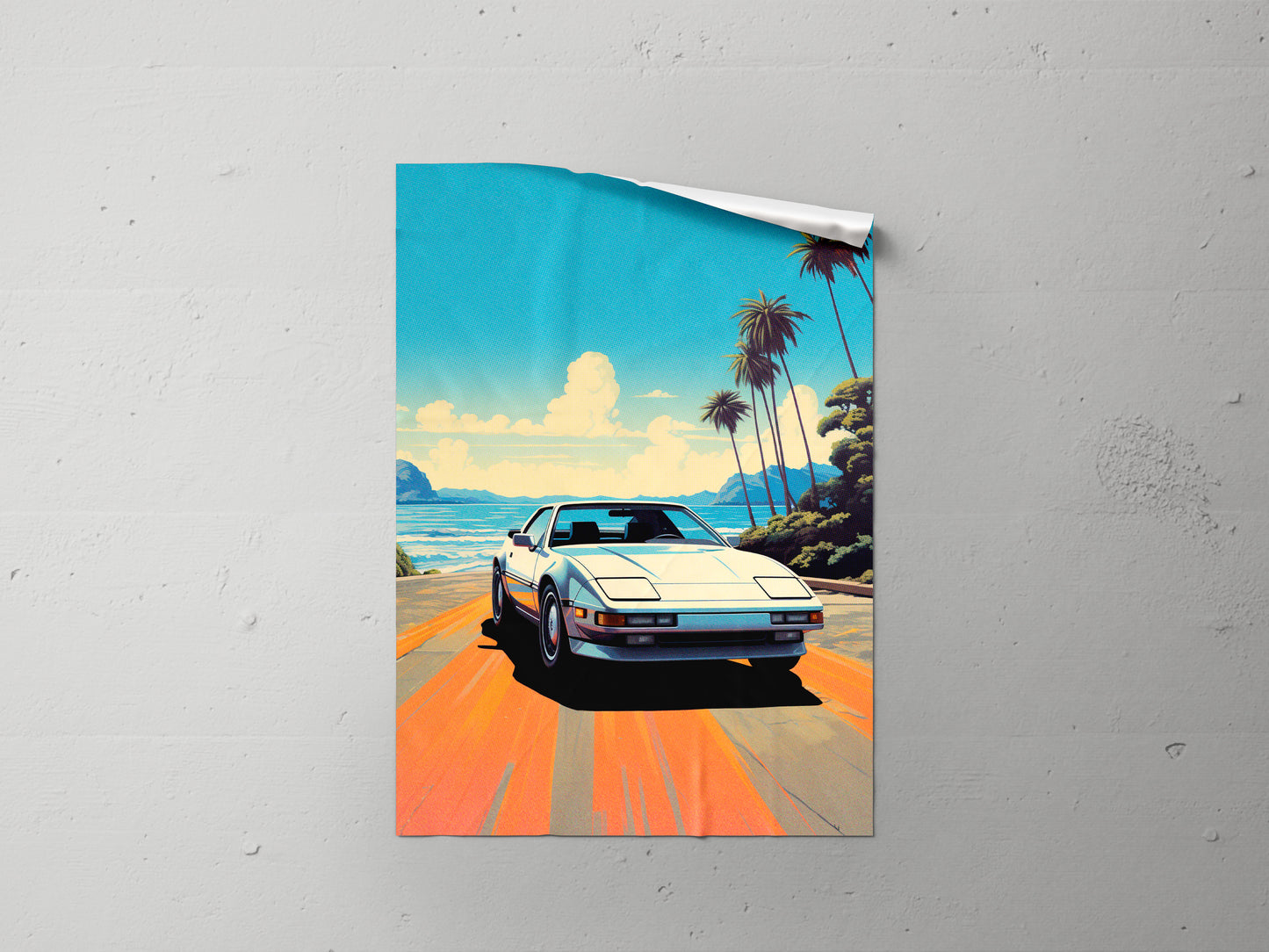 Print Sports Car White Beach Retro Illustration 60x90cm