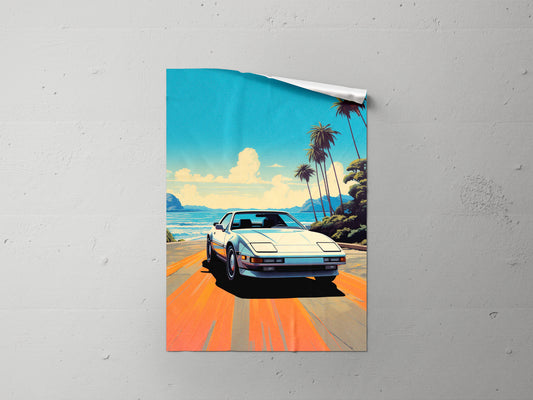 Print Sports Car White Beach Retro Illustration 60x90cm