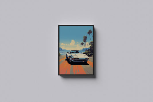 Print Sports Car White Beach Retro Illustration 60x90cm