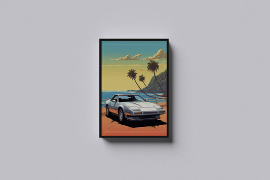 Print Sports Car White Miami Beach Retro Illustration 60x90cm