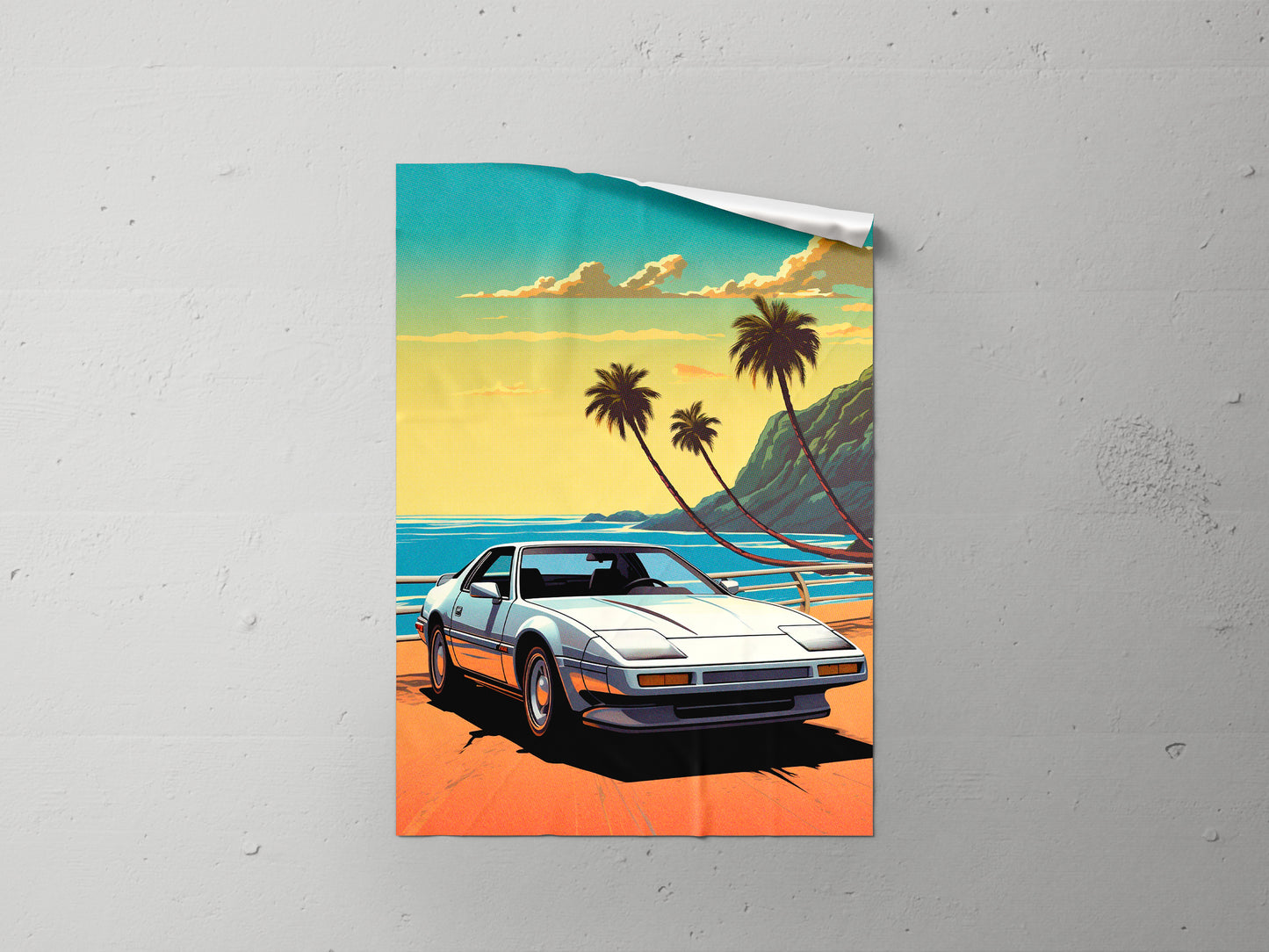 Print Sports Car White Miami Beach Retro Illustration 60x90cm