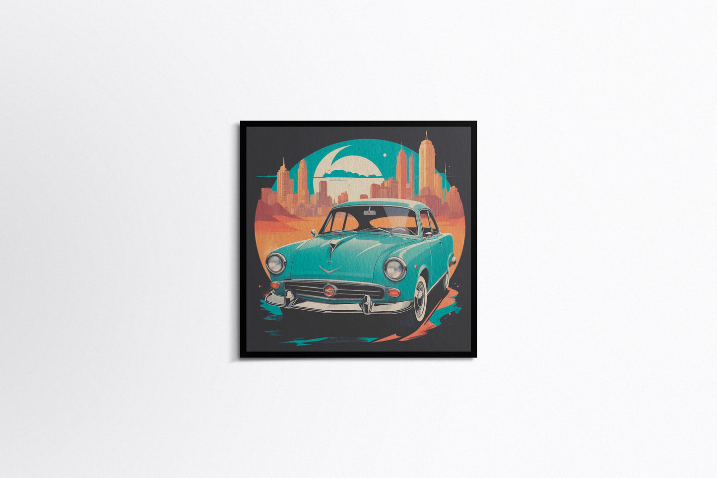 Print Sports Car Turquoise City Night Retro Illustration 36x36cm