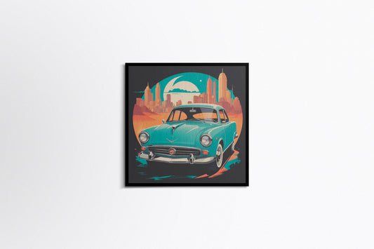 Print Sports Car Turquoise City Night Retro Illustration 36x36cm