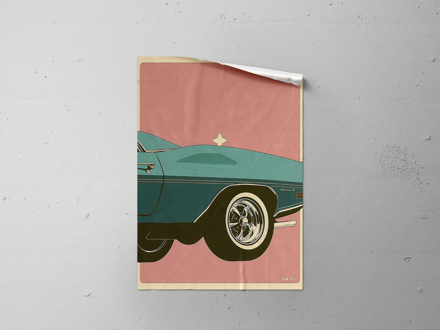 Print Sports Car Turquoise Car Tire Retro Illustration 32x43cm