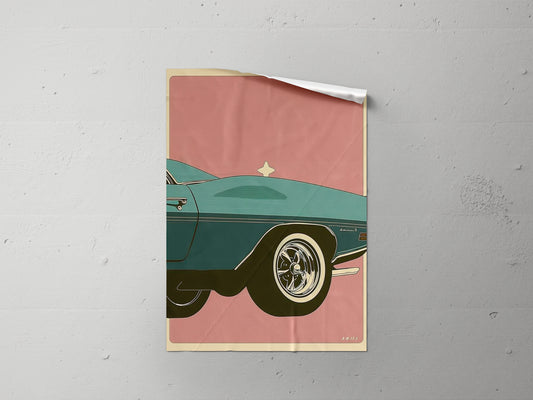 Print Sports Car Turquoise Car Tire Retro Illustration 32x43cm