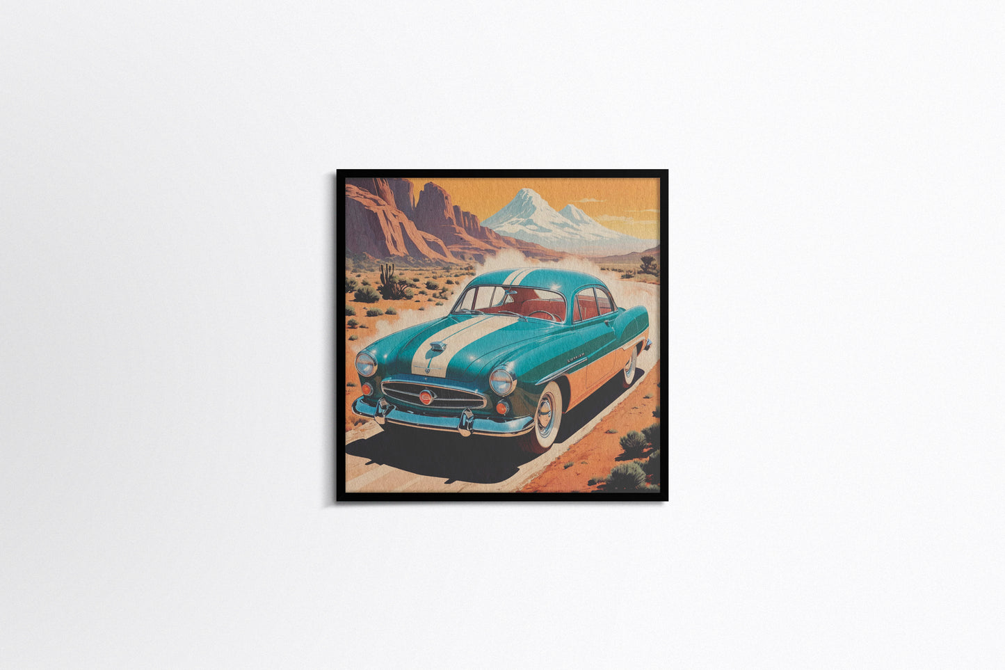 Print Sports Car Turquoise Desert Retro Illustration 36x36cm