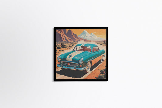 Print Sports Car Turquoise Desert Retro Illustration 36x36cm