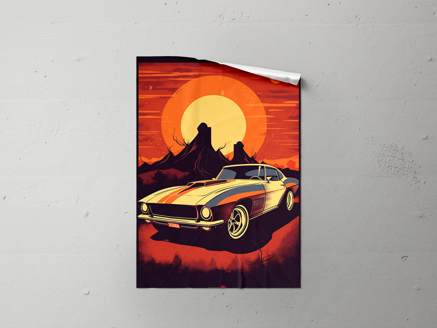 Print Sports Car White Orange Lines Desert Retro Illustration 31x47cm