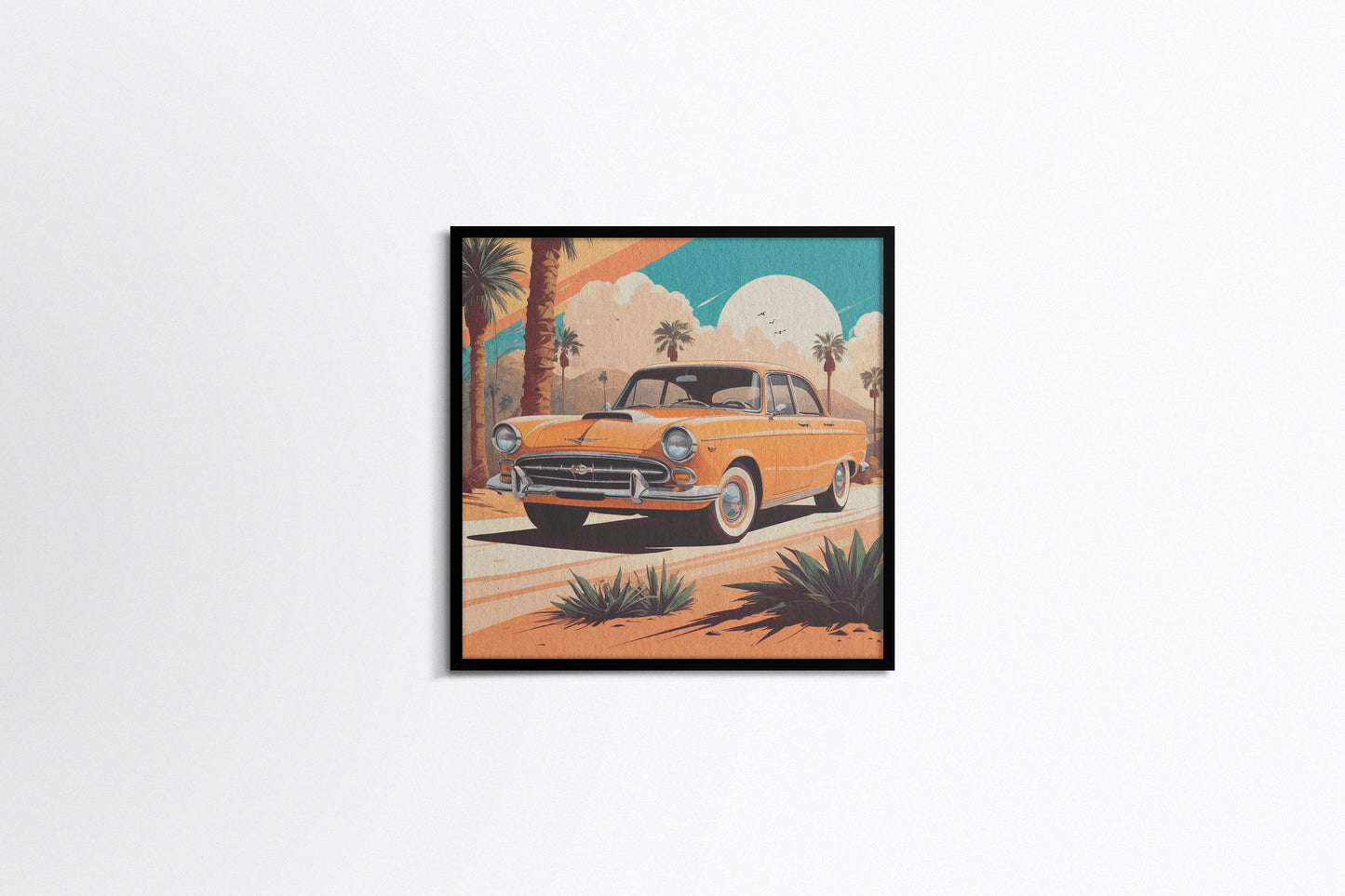 Print Sports Car Yellow & Palms Retro Illustration 36x36cm