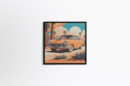 Print Sports Car Yellow & Palms Retro Illustration 36x36cm