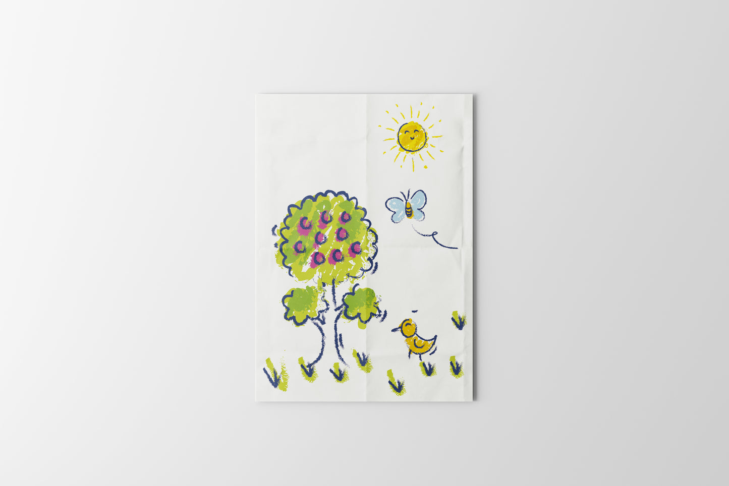 Print Child's Drawing Apple Tree Bird & Butterfly Illustration 21.5x28cm