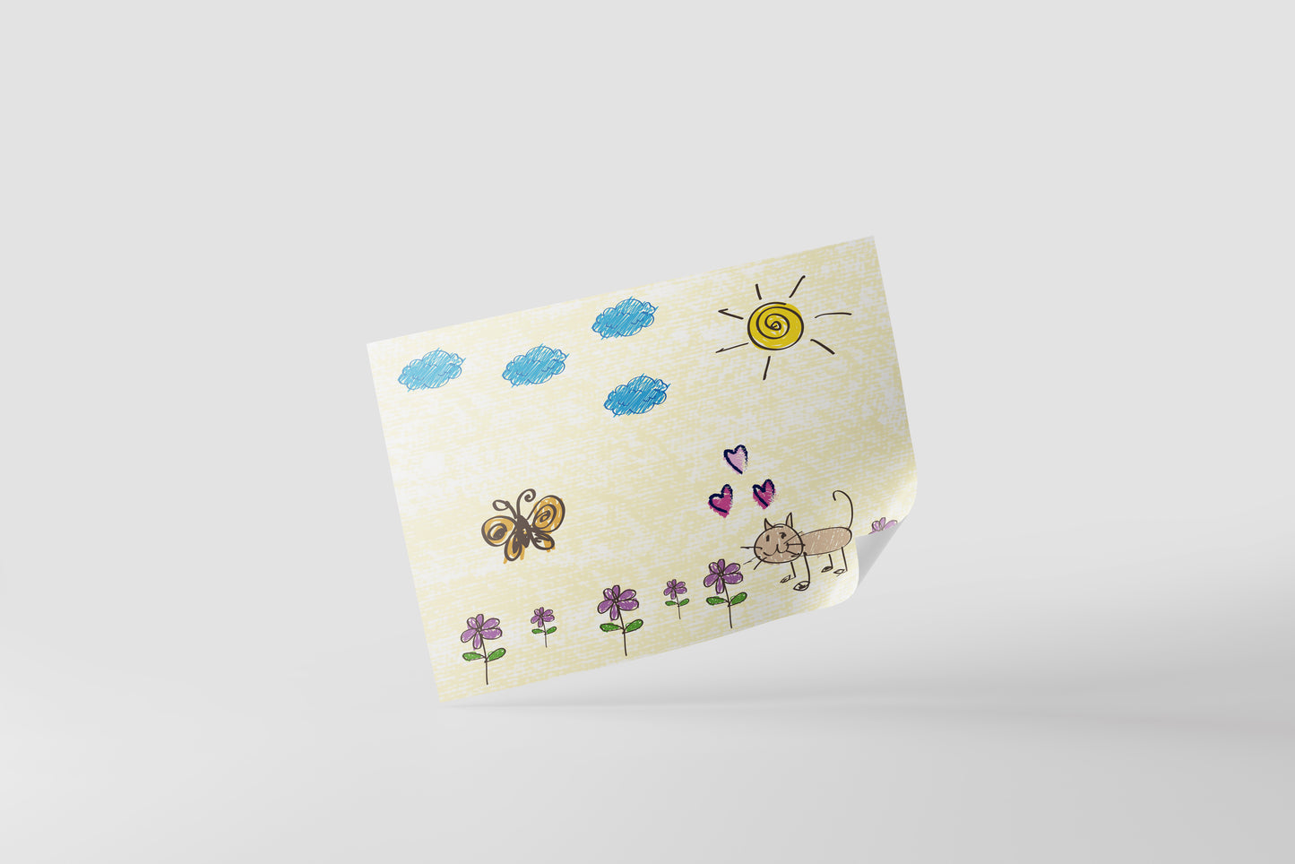 Print Child's Drawing Cat & Butterfly With Flowers Illustration 28x21.5cm
