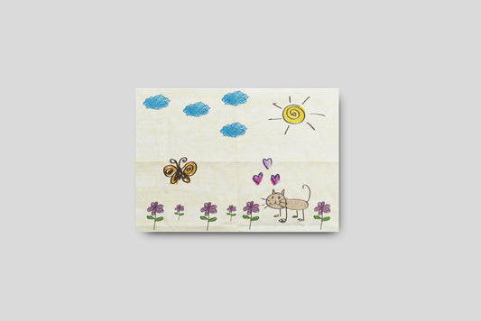 Print Child's Drawing Cat & Butterfly With Flowers Illustration 28x21.5cm