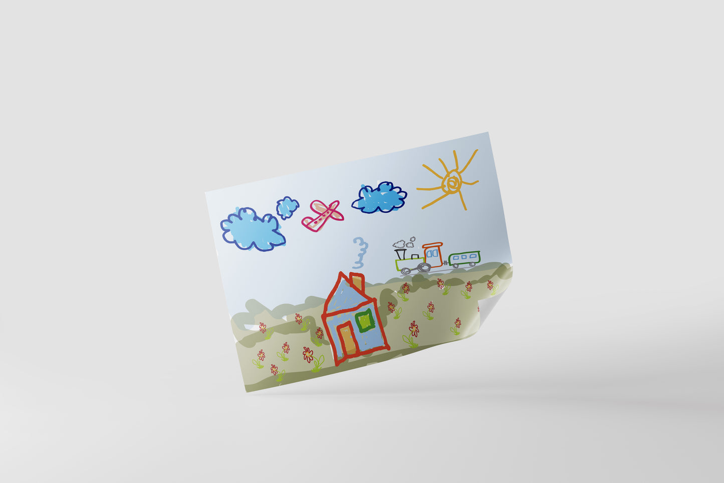 Print Child's Drawing Field & Train Illustration 28x21.5cm