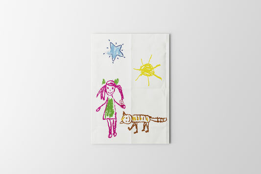 Print Child's Drawing Girl With Cat Illustration 21.5x28cm