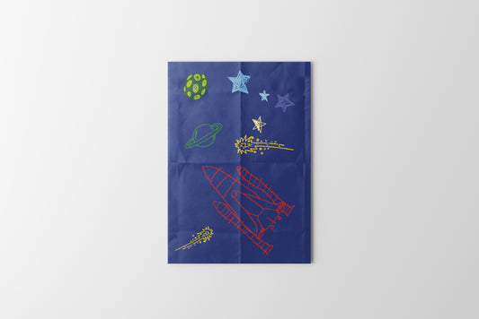 Print Child's Drawing Spaceship Stars Illustration 21.5x28cm