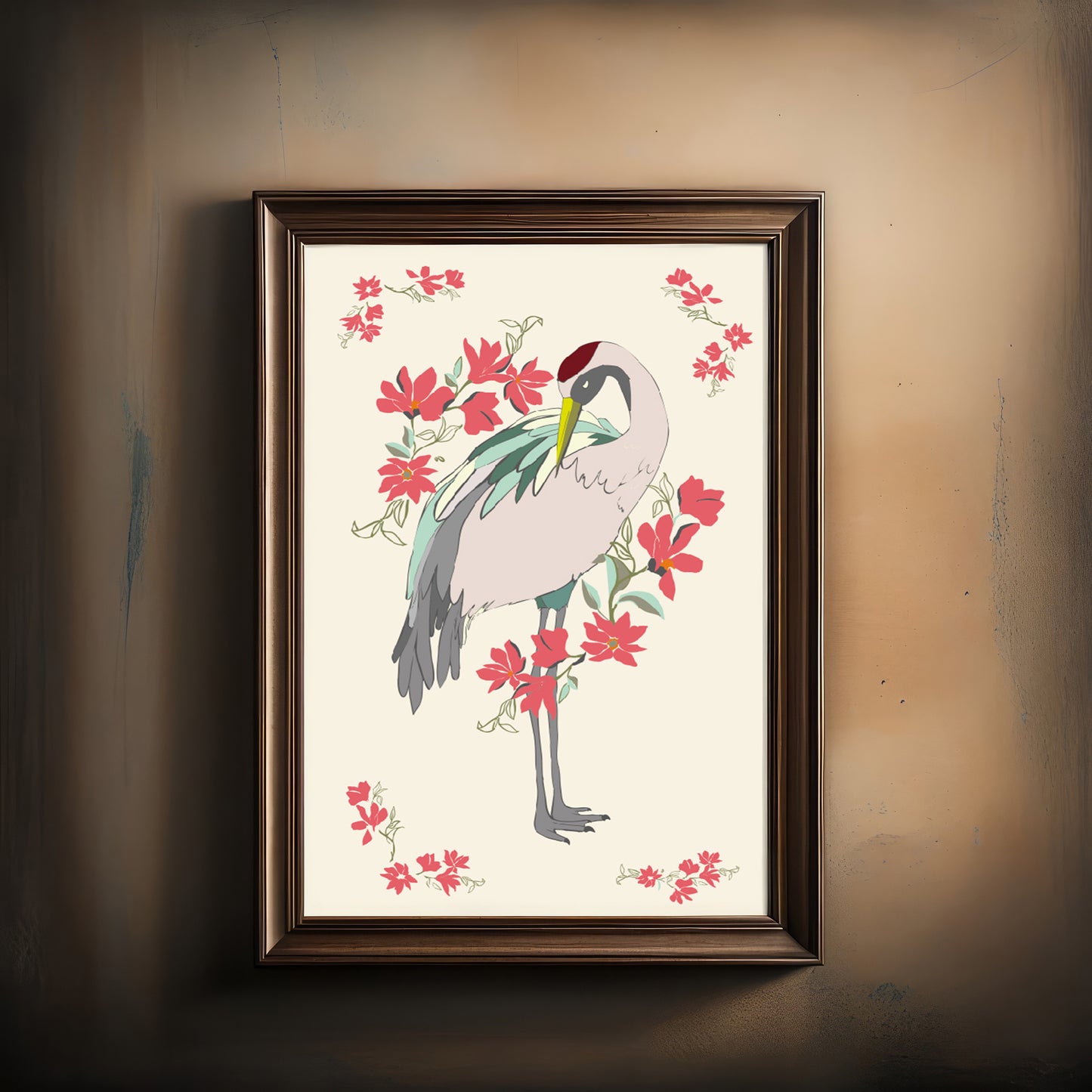 Print Crane Bird Red Flowers Vintage Illustration 19x32cm