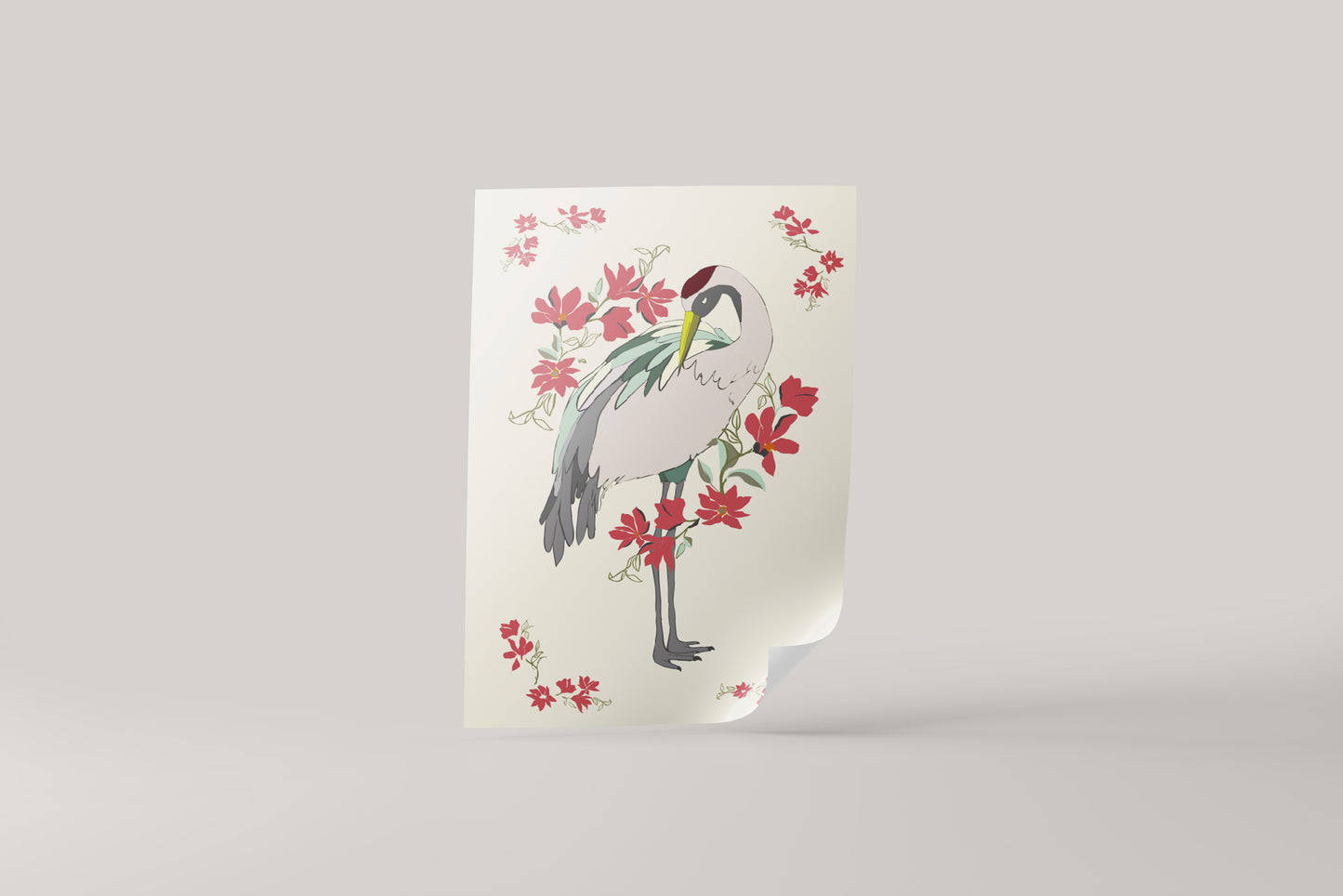 Print Crane Bird Red Flowers Vintage Illustration 19x32cm