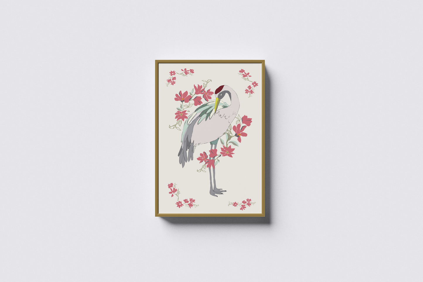 Print Crane Bird Red Flowers Vintage Illustration 19x32cm