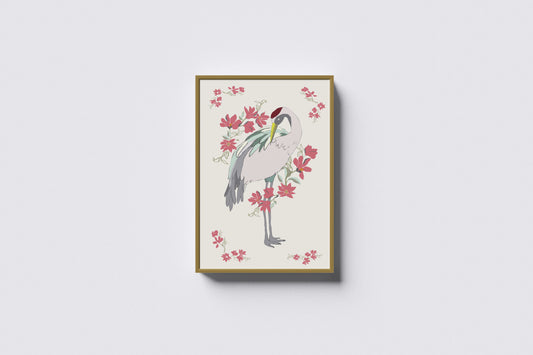 Print Crane Bird Red Flowers Vintage Illustration 19x32cm