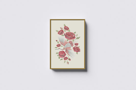 Print Animal Crane Embroidered Roses Vintage Illustration 19x32cm