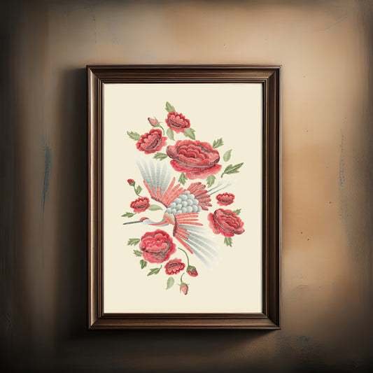 Print Animal Crane Embroidered Roses Vintage Illustration 19x32cm