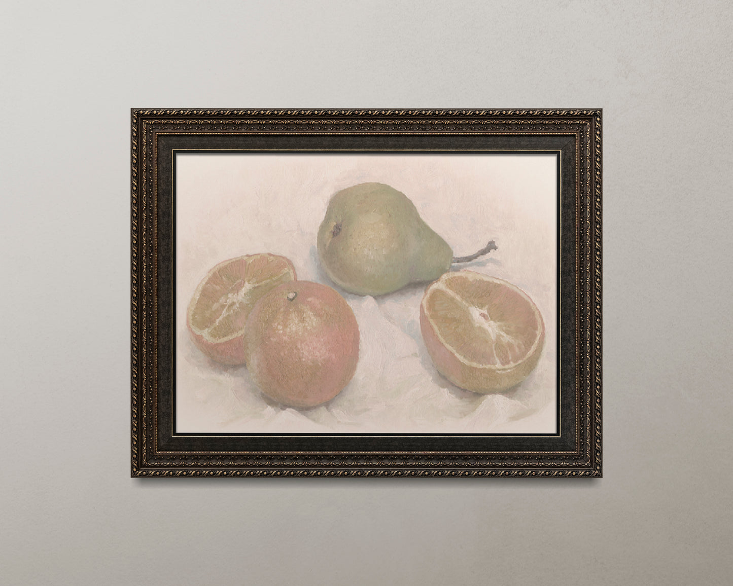 Print Food Fruits Oranges & Pear Still Life Vintage Paint 21x14cm