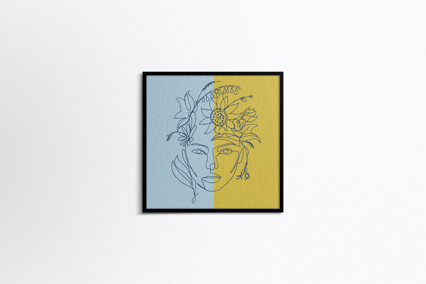 Print Woman Face Line Flowers Blue Yellow Illustration 25x25cm