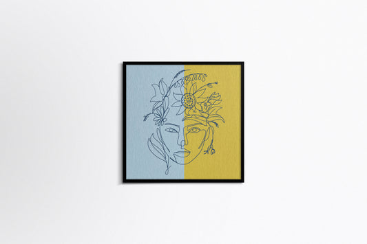 Print Woman Face Line Flowers Blue Yellow Illustration 25x25cm