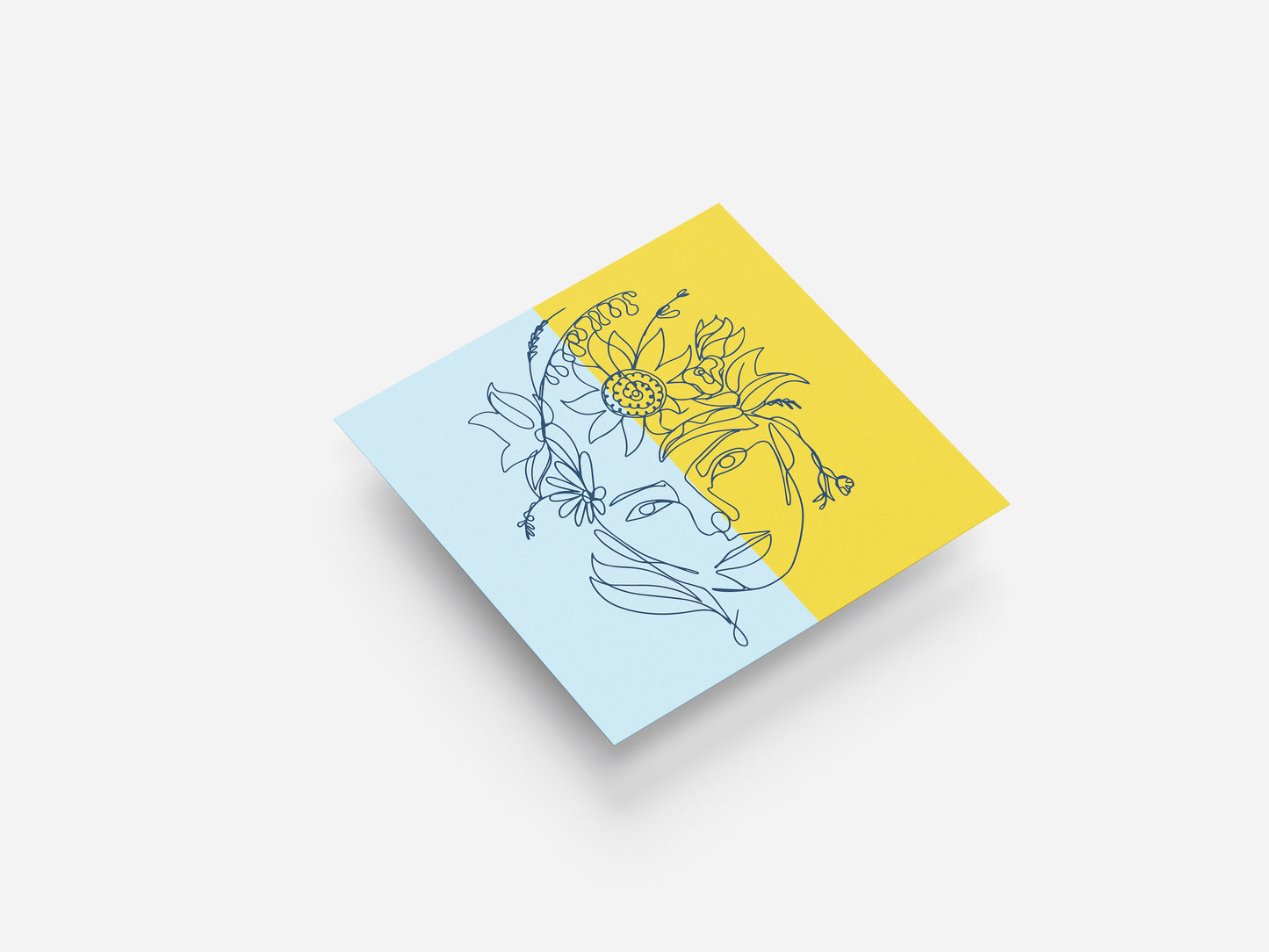 Print Woman Face Line Flowers Blue Yellow Illustration 25x25cm