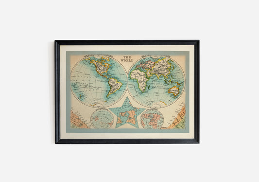 Print Map World Color Hemisphere Vintage Illustration 294x218cm