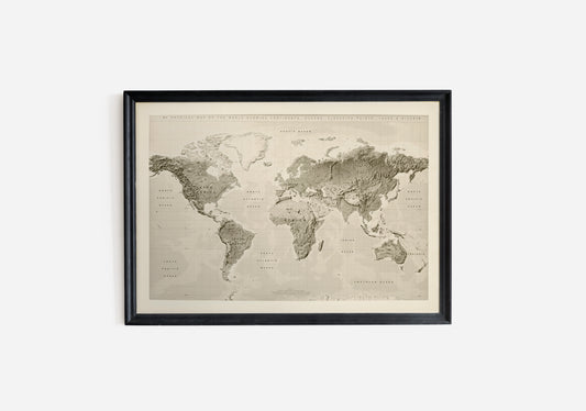 Print Map World Grey Vintage Illustration 26x18cm
