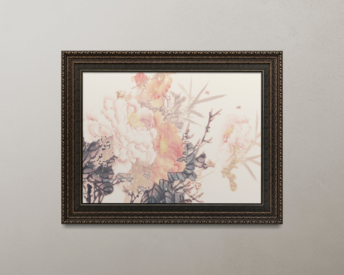Print Nature Peony Beige Pink Orange Leaves Vintage Paint 43x27cm