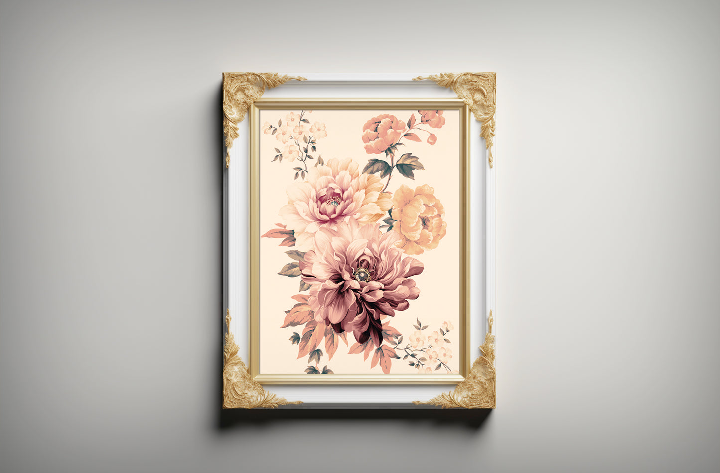 Print Nature Peony Flower Pink Yellow Vintage Paint 35x44cm