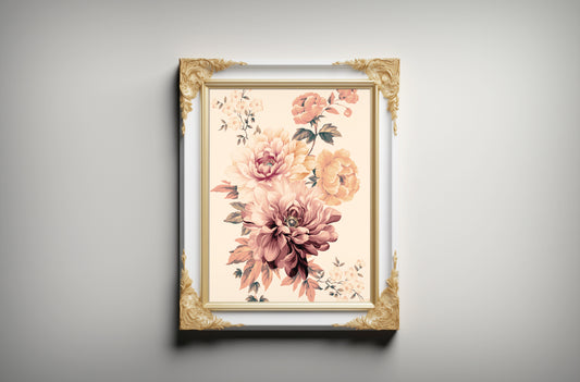 Print Nature Peony Flower Pink Yellow Vintage Paint 35x44cm