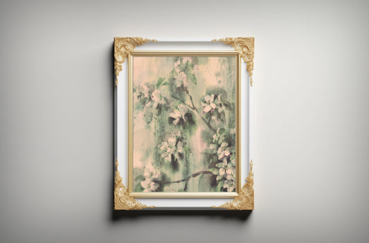 Print Nature White Flowers Green Watercolor Vintage Paint 43.5x50cm