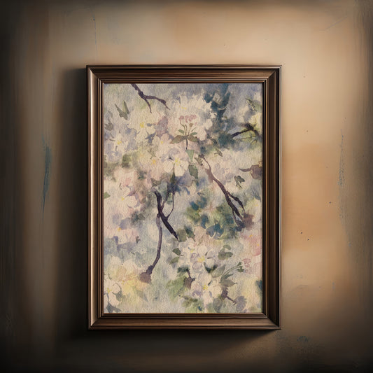 Print Nature White Flowers Lilac Watercolor Vintage Paint 31x40cm