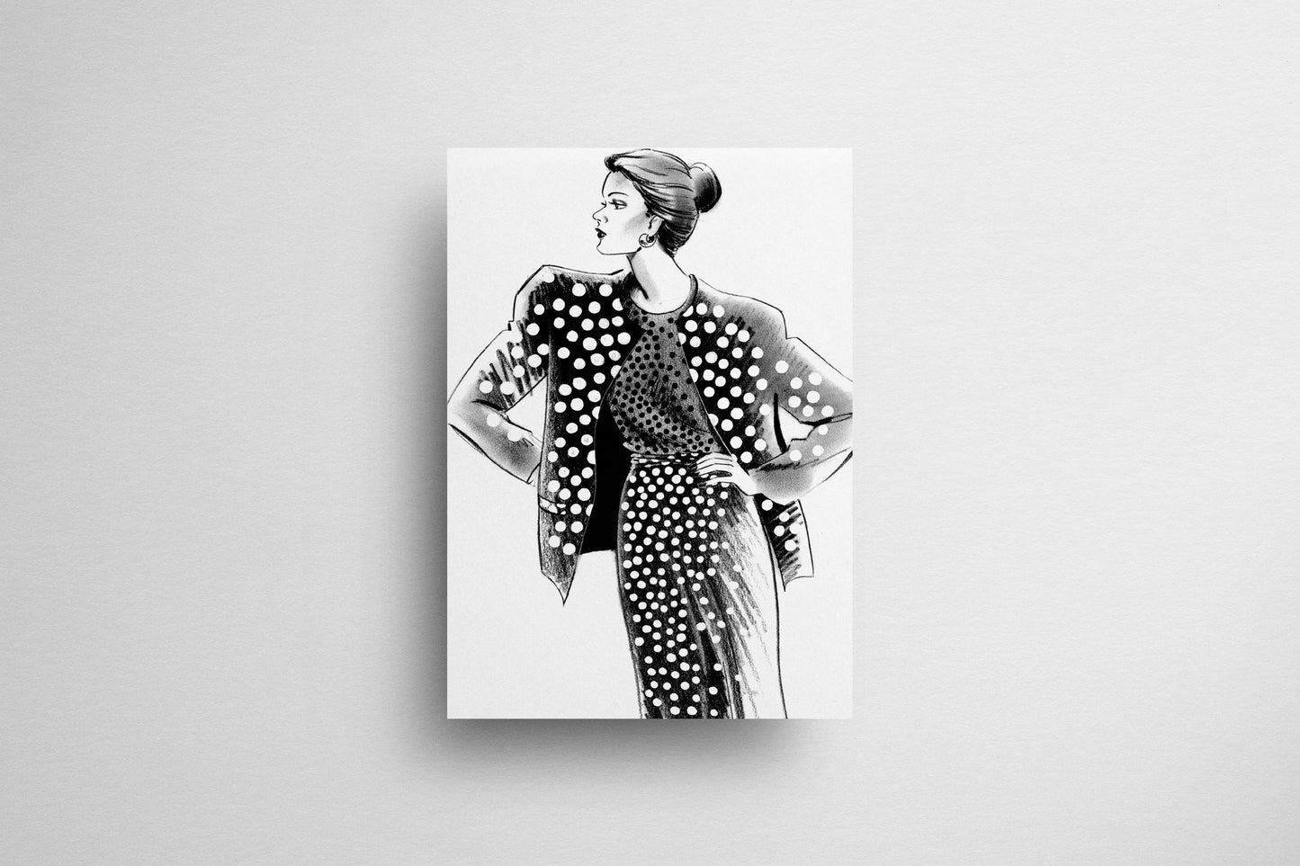 Print Woman Black & White Dots Fashion Illustration 60x90cm
