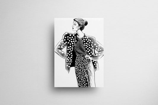 Print Woman Black & White Dots Fashion Illustration 60x90cm