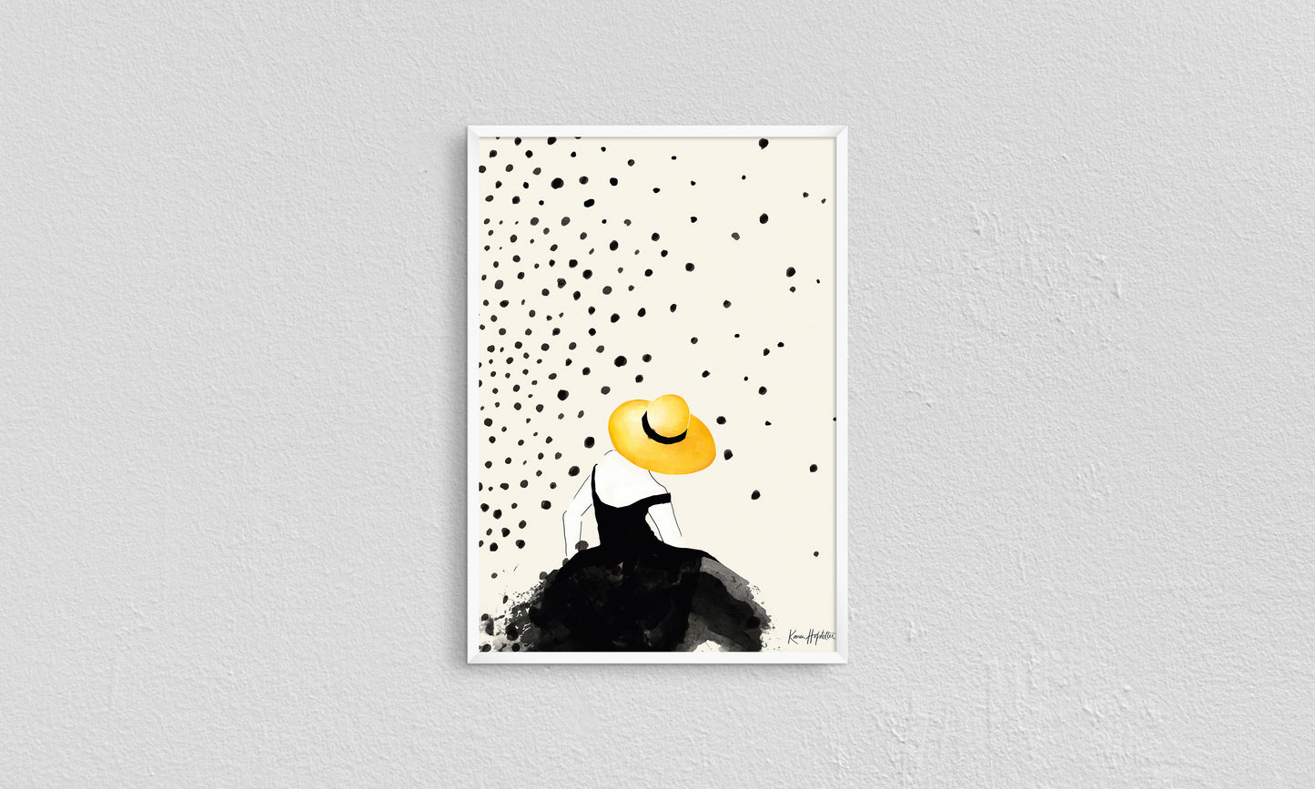 Print Woman In The Rain Polka Dots Watercolor Fashion Illustration 30x40cm