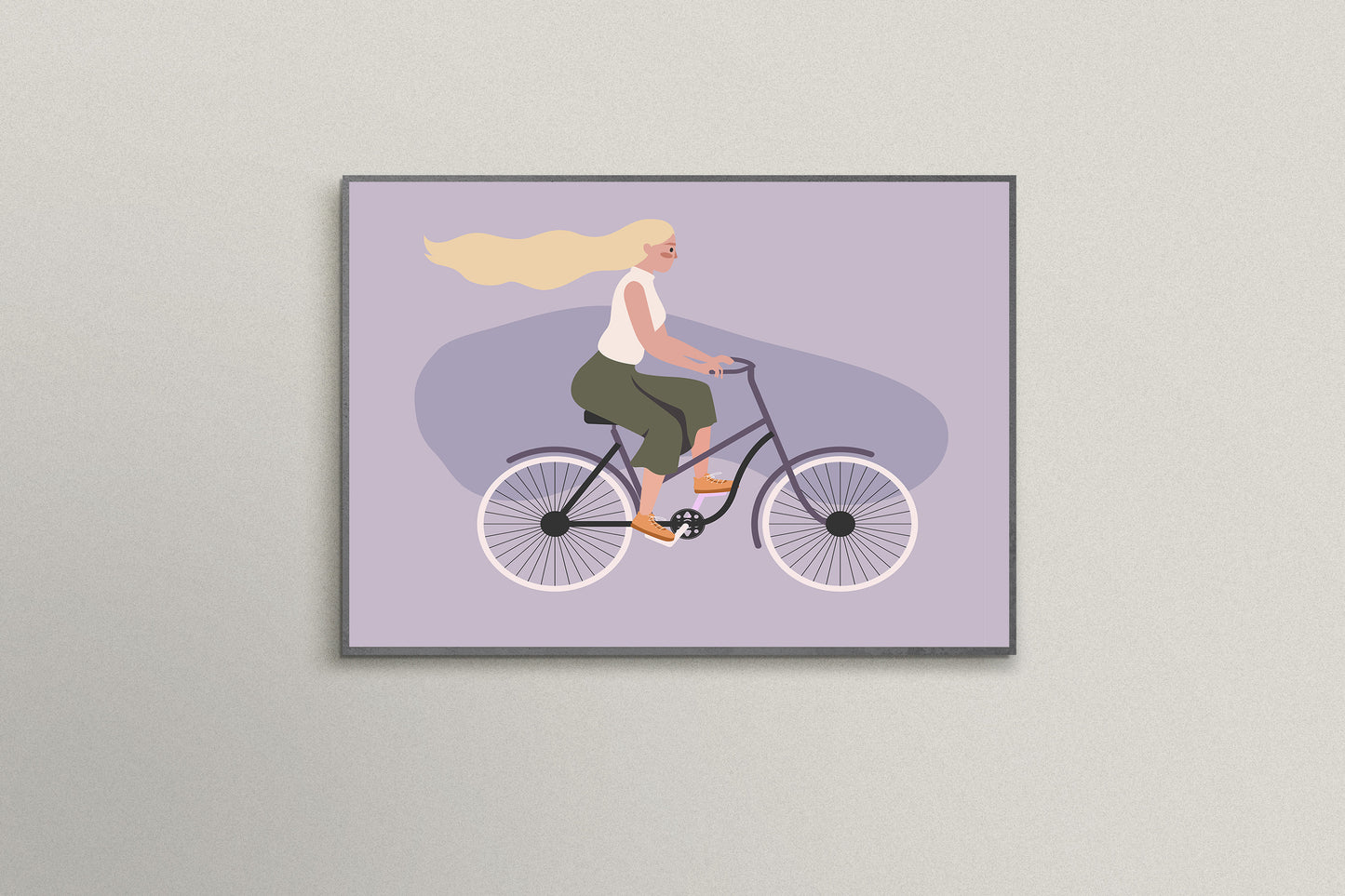 Print Woman Riding Bicycle Cartoon Illustration 40x35cm
