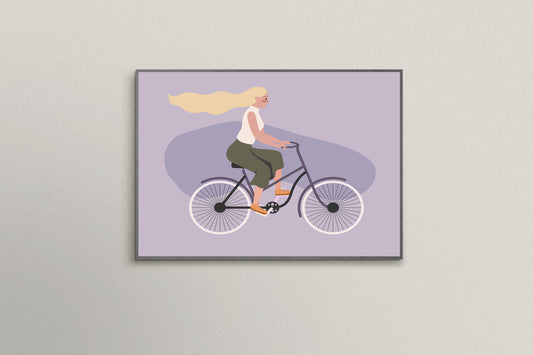 Print Woman Riding Bicycle Cartoon Illustration 40x35cm