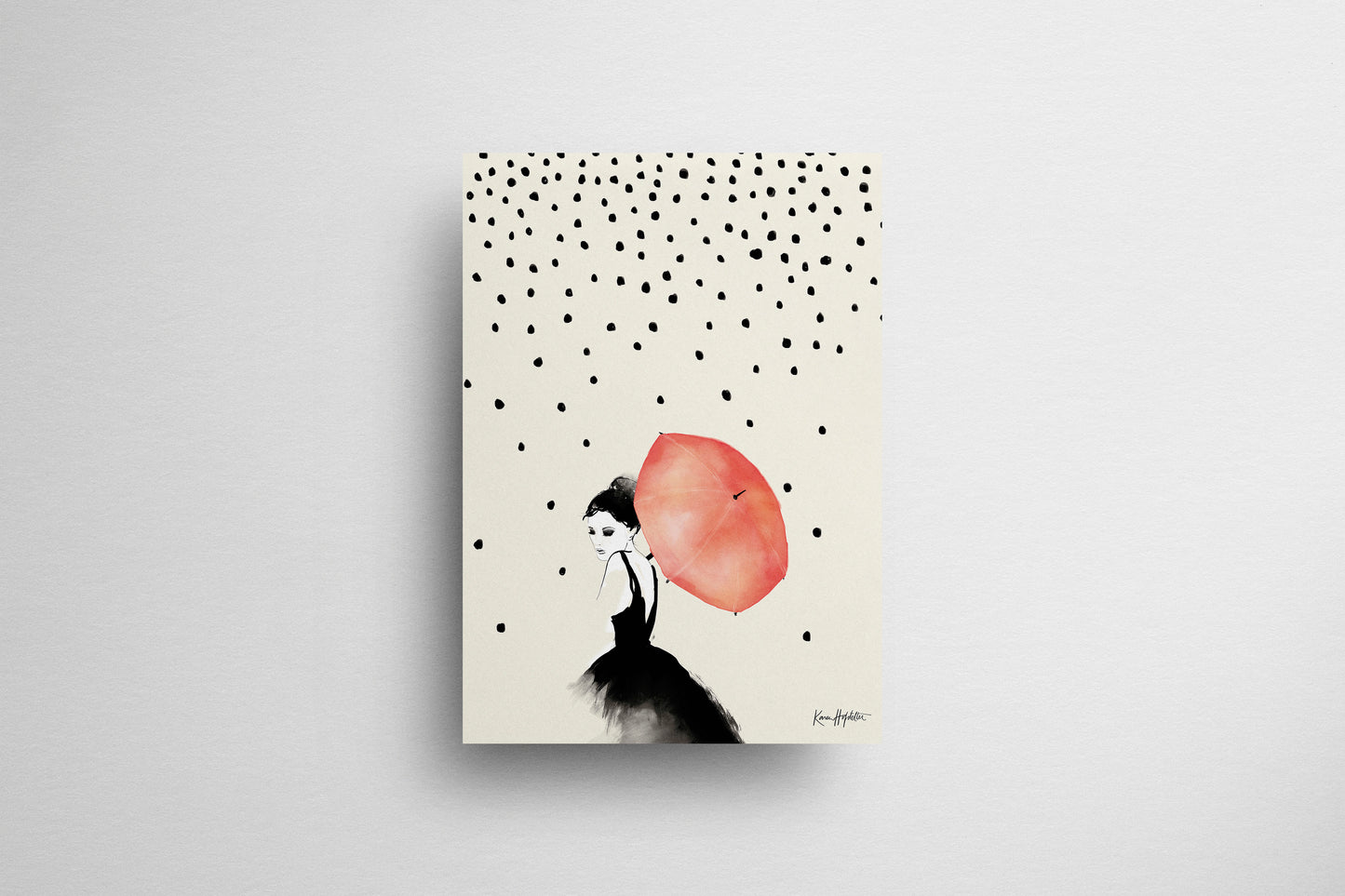 Print Woman With Umbrella Polka Dots Watercolor Fashion Illustration 30x40cm