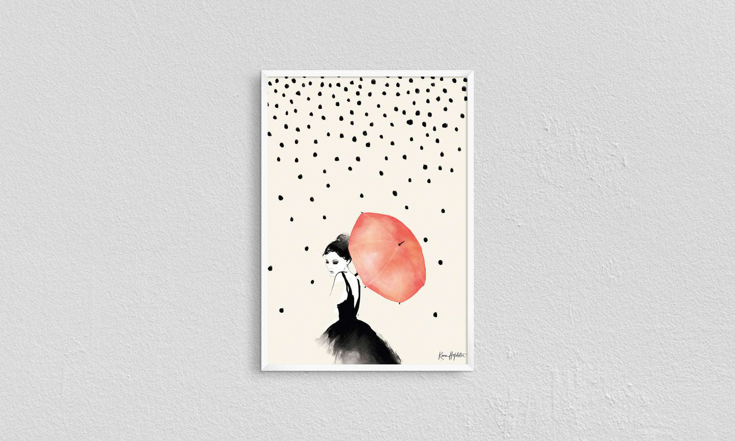 Print Woman With Umbrella Polka Dots Watercolor Fashion Illustration 30x40cm