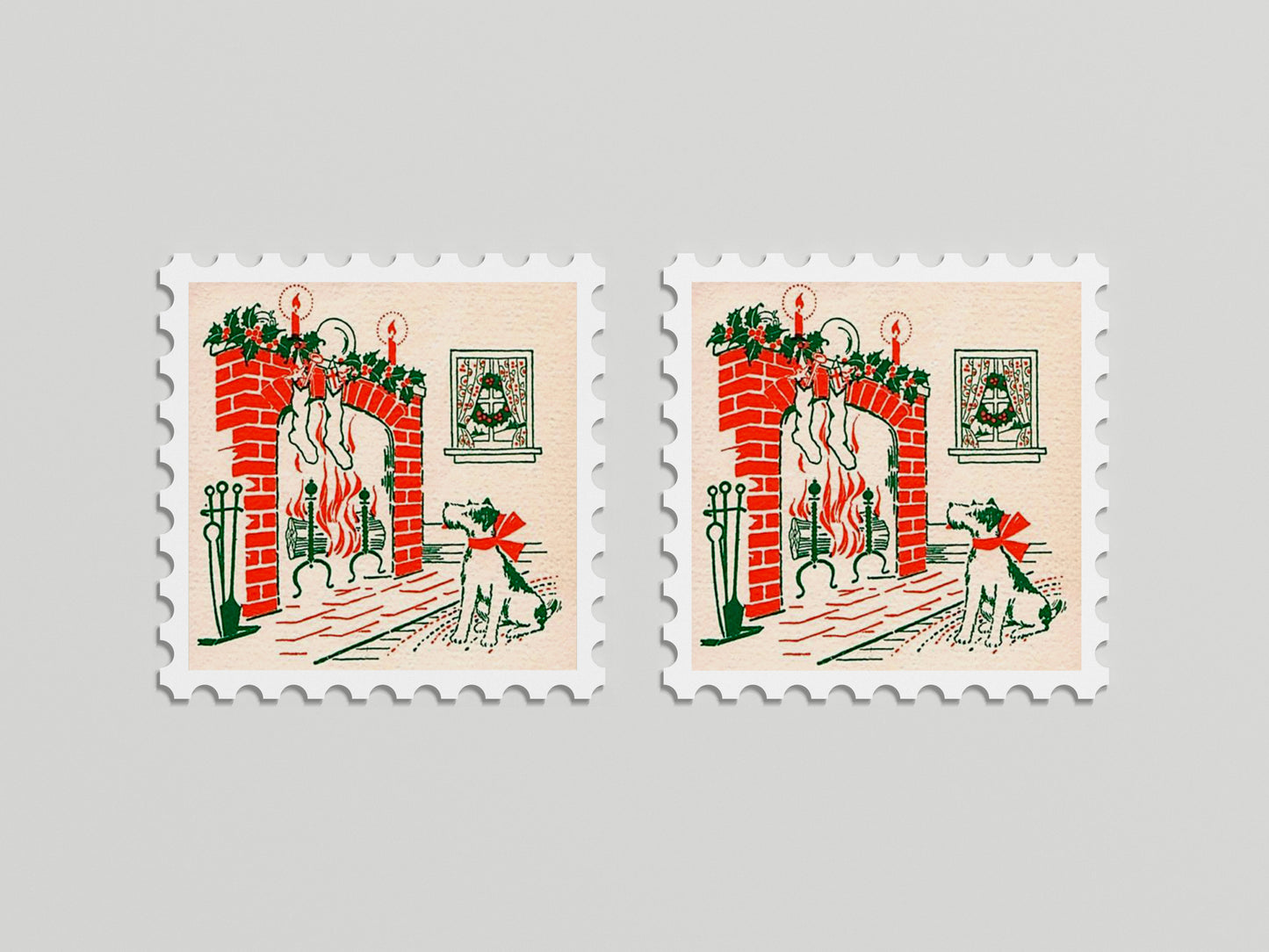 Print Xmas Christmas Fireplace Dog Vintage Illustration 10x10cm