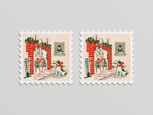 Print Xmas Christmas Fireplace Dog Vintage Illustration 10x10cm