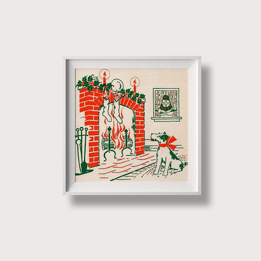 Print Xmas Christmas Fireplace Dog Vintage Illustration 10x10cm