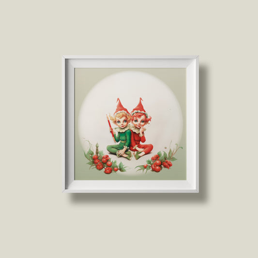 Print Xmas Elves Vintage Illustration 36x36cm