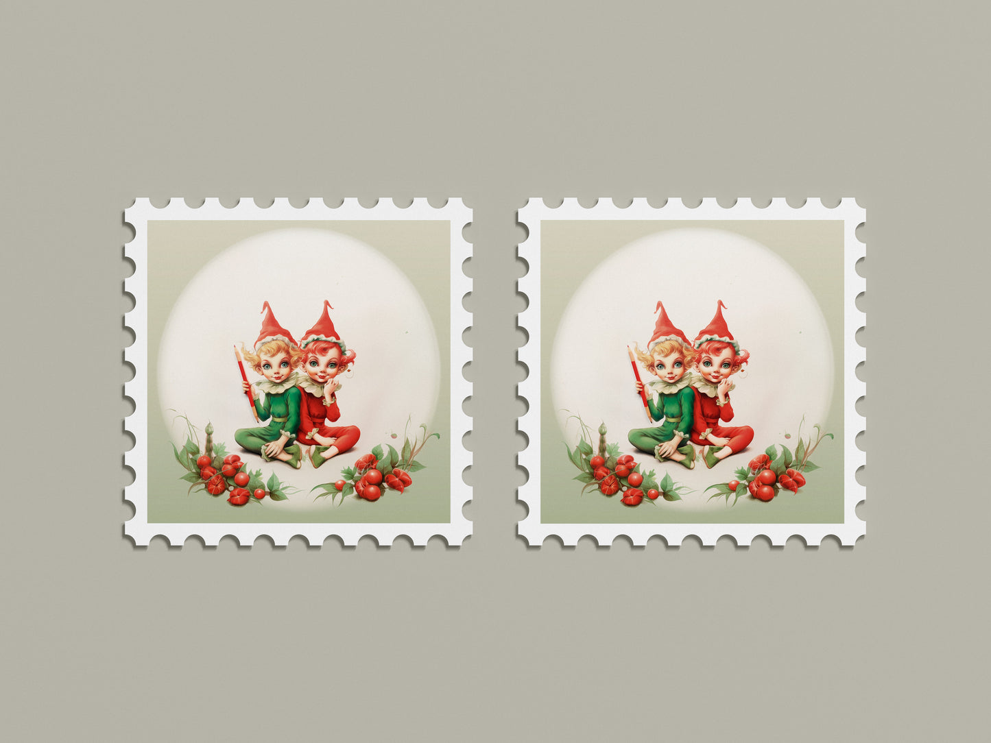 Print Xmas Elves Vintage Illustration 36x36cm