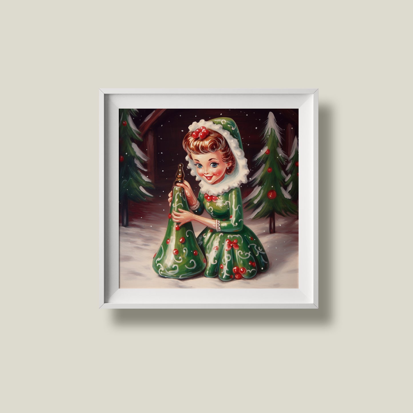 Print Xmas Female Elf Porcelain Vintage Illustration 36x36cm